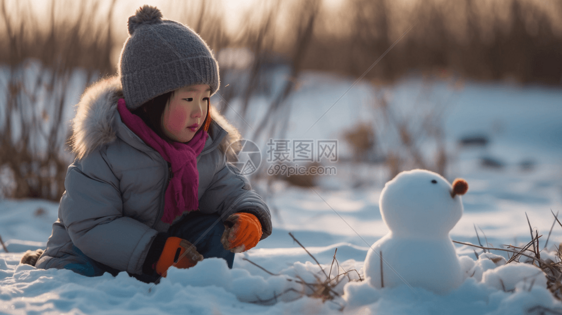 一个中国小姑娘在雪中堆雪人图片