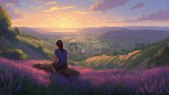 一个女孩坐在山顶上卡通插图图片