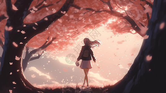 站在一棵大樱花树下的动漫女孩卡通插图图片