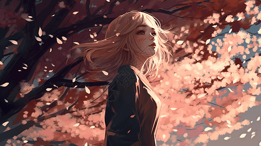 动漫女孩站在一棵大樱花树下卡通插图图片