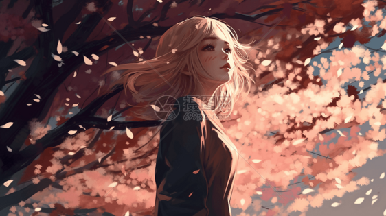 动漫女孩站在一棵大樱花树下卡通插图图片