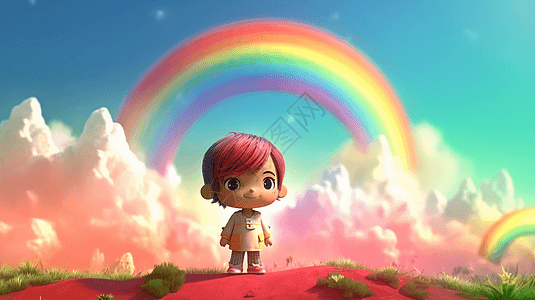 彩虹下的红发小姑娘卡通插图图片