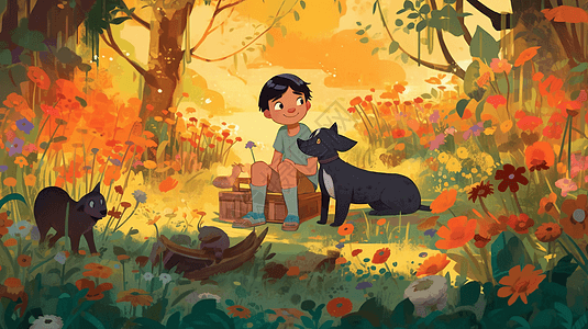一个男孩和他的动物朋友在盛开的花园里野餐卡通插图图片