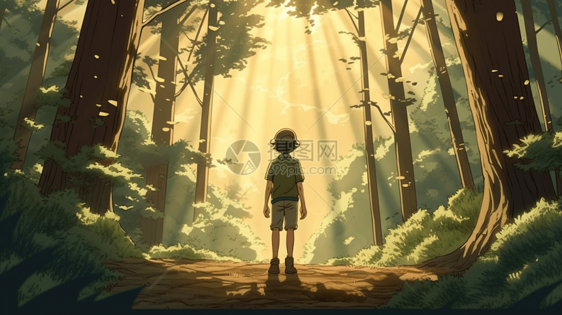 站在森林空地上的男孩卡通插图图片