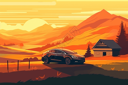 一辆电动汽车停在风景如画的乡村景观中图片