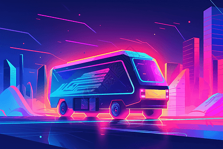 未来派送货车在霓虹灯环境中行驶图片