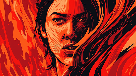 火红的背景下表情愤怒的女人图片