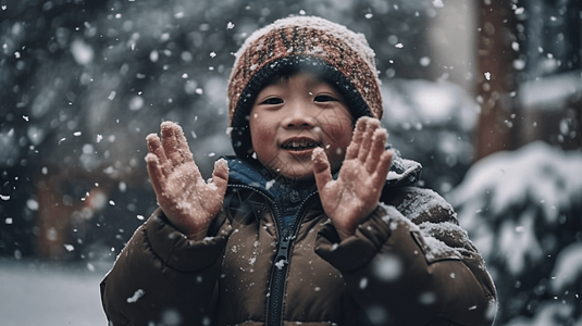 在雪地里打雪仗的中国小男孩图片