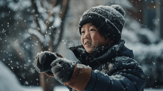 穿着暖和的衣服的中国小男孩打雪仗图片