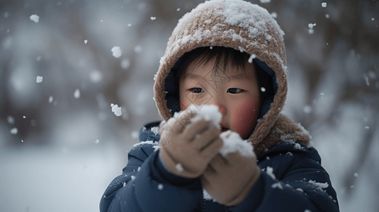 一个中国小男孩在雪地里打雪仗背景图片