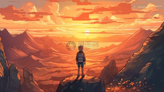 日落时站在山顶的男孩图片