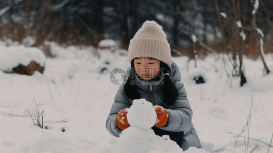 堆雪人的中国小姑娘图片