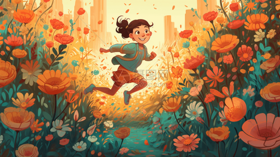 在草地上奔跑的卡通女孩图片