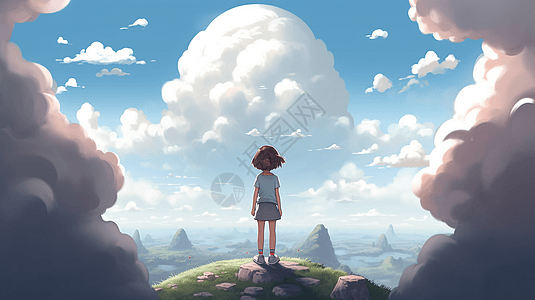 蔚蓝的天空下站在一个山头上的姑娘图片