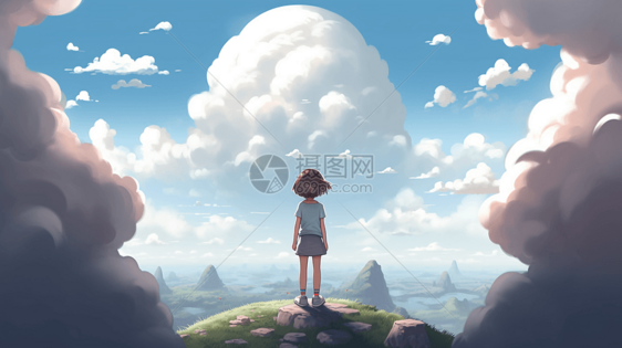 蔚蓝的天空下站在一个山头上的姑娘图片