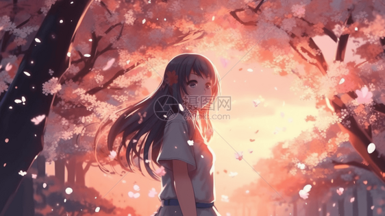 站在樱花树下的动漫女孩图片
