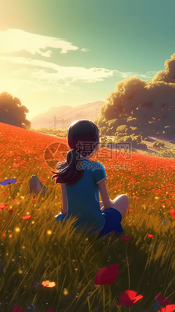坐在开满野花的田野里的卡通女孩图片