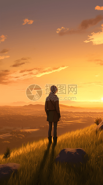 站在山顶凝望夕阳的女孩漫画插图图片