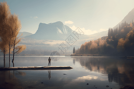 划桨手欣赏湖面的景色图片