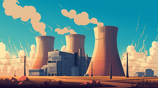 发电厂及其冷却塔的插图图片