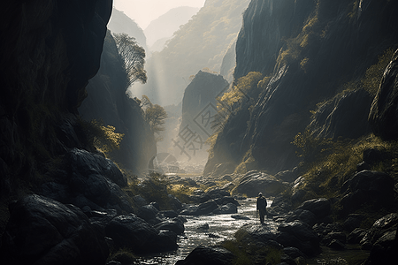 旅行者迷失在山谷。(山谷，特写，宁静，柔和的光线)图片