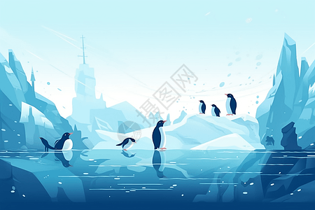 企鹅游泳水中游泳的企鹅插画