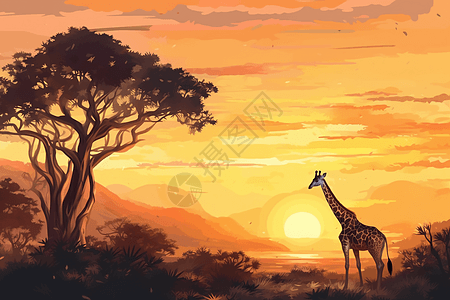 日落前的长颈鹿图片