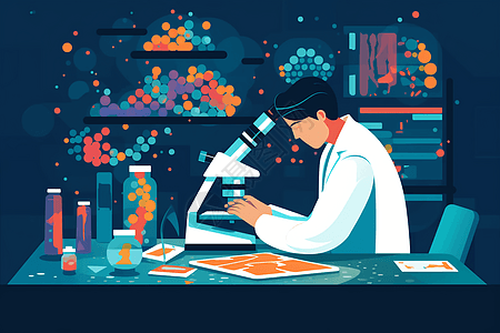 与DNA一起工作: 一位穿着实验室外套的科学家在显微镜下以平坦的风格与明亮的调色板在一起观察DNA链。图片