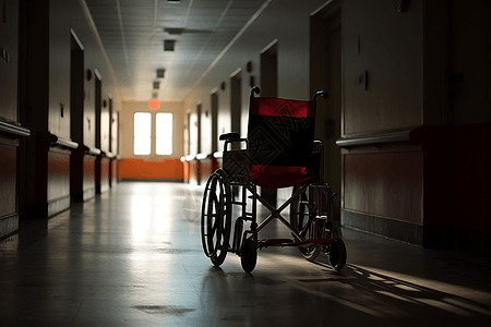 医院建筑走廊上的轮椅背景