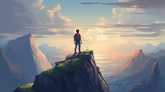 登山人物站在山峰上的男人插画