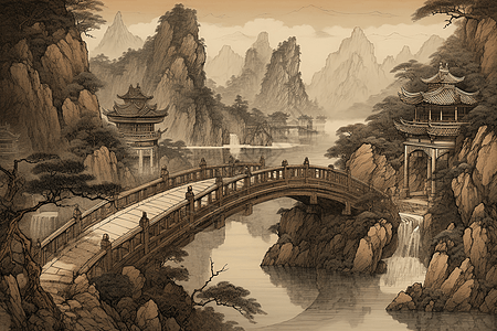 中国古典桥梁水墨画图片