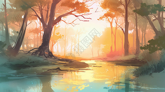 阳光下沐浴的树木插图图片
