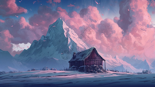 日落时白雪皑皑的山峰艺术插图图片