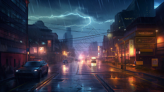 雷暴中城市街道插图图片