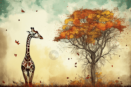 高大的长颈鹿吃树叶图片