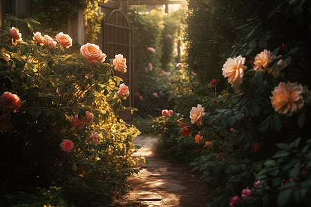 玫瑰种植基地花园小径旁盛开的玫瑰丛背景