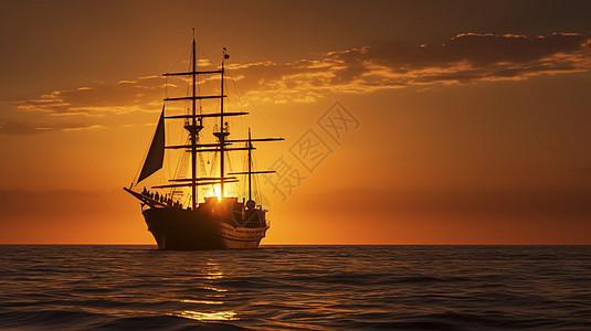 日落时海上飘荡的渔船图片
