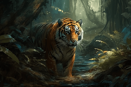 凶猛的老虎在丛林中漫步图片