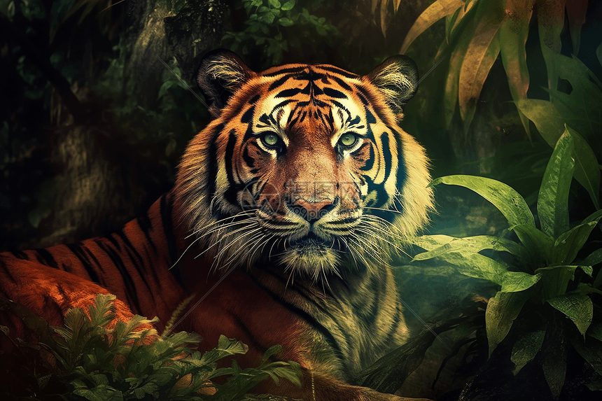 在趴在丛林中的老虎图片