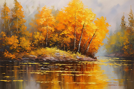 秋天河畔景色艺术插图图片