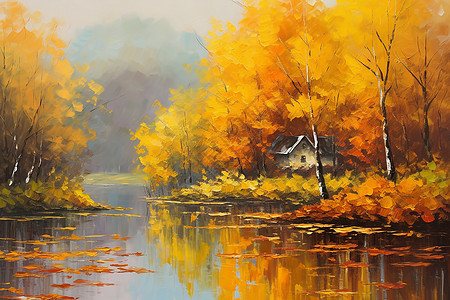 秋天河畔景色油画插图图片