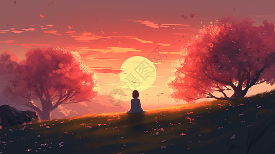 坐在草地看日落的女孩图片