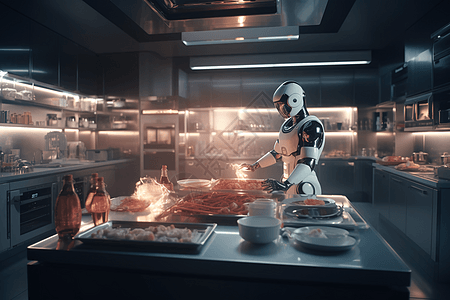厨房里的机器人厨师高清图片