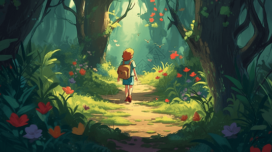 森林中行走的卡通女孩图片