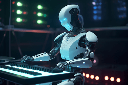 在音乐厅弹琴的机器人图片