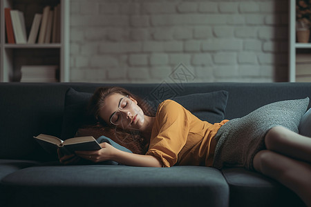 抱着书睡在沙发上的女人图片