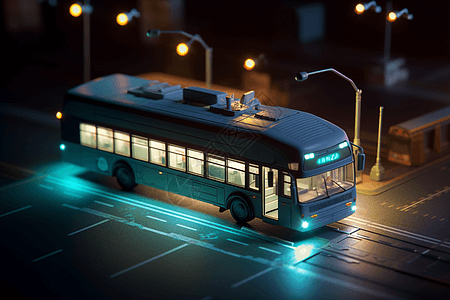 夜晚城市街道上的公交车图片