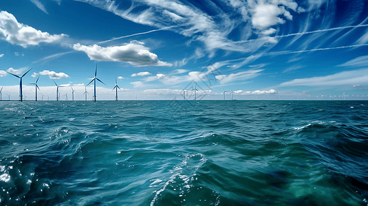 蔚蓝的海水中的风力发电机图片