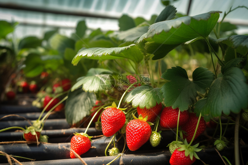 温室中新鲜草莓特写图片