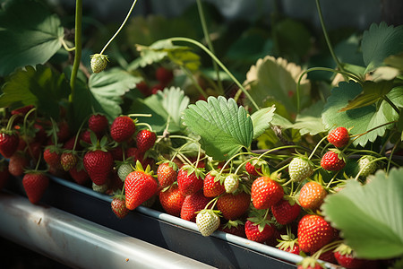 温室中生长的新鲜草莓背景图片